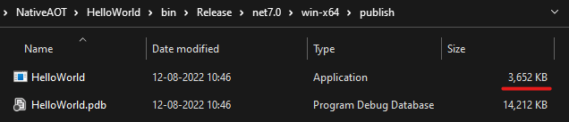 PublishAot executable size
