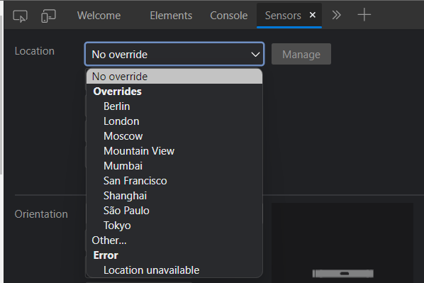 Showing dropdown of the Locations option in the Sensors tool window